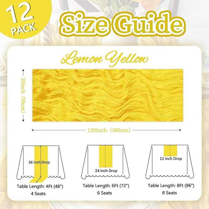 12 Pack Lemon Yellow Cheesecloth Table Runner 10ft Boho Gauze Fabric Cheese - Image 2