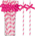 100 Pcs Rose Red Paper Straws for Drinking, Bow Disposable Striped Paper Straws by Potchen