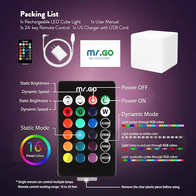 Mr.Go 10-inch Rechargeable LED Cube Light w/Remote, 16 RGB Colors & Dimmable - Image 5