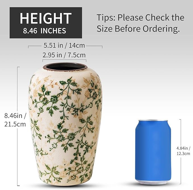 Vintage Pastoral Green and Beige Flower Vase, Ceramic Floral Vases, Retro Ice - Image 3