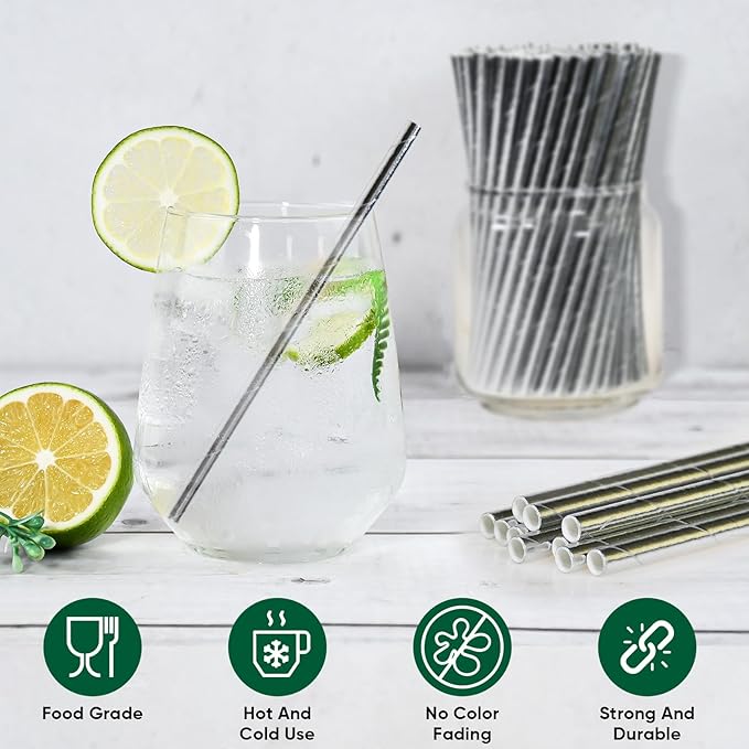 Chunsapk 5.75 inch Disposable Short Silver Paper Cocktail Straws, Stirring - Image 3
