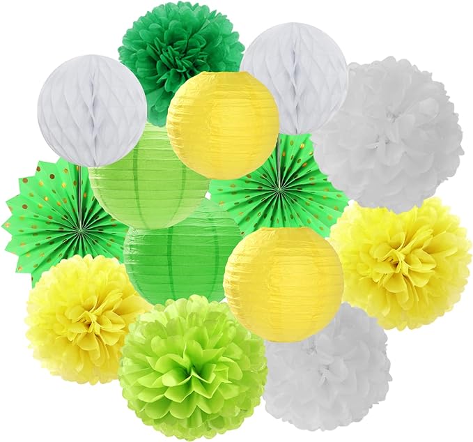 Yellow-White Green Party-Decorations Streamers-Lanterns by LastingSurprise