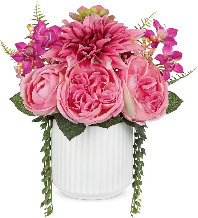 Briful 13" Faux Flower Arrangement in White Ceramic Vase – Pink Artificial by Briful