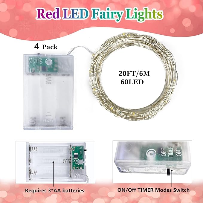 Red and White Bttery Operated Christmas Lights, 4 Pack Fairy Lights Battery - Image 5