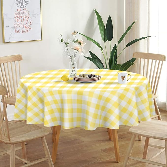 QIKSION Yellow Gingham Round Tablecloth 2 Pack, 84 Inch Plastic Checkered Table - Image 2