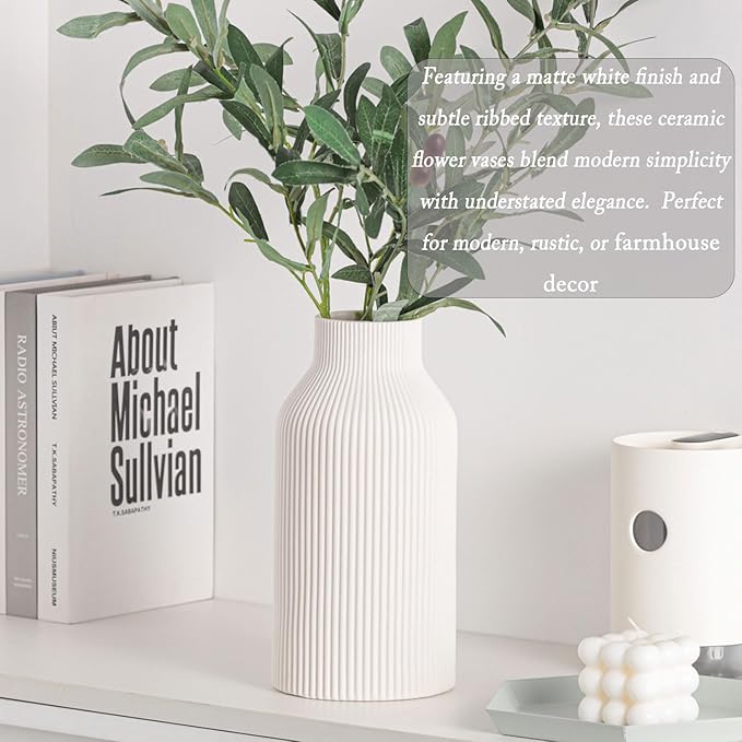 10 Inch White Ceramic Vase for Decor, Minimalist Modern Home Decorative Large - Image 4