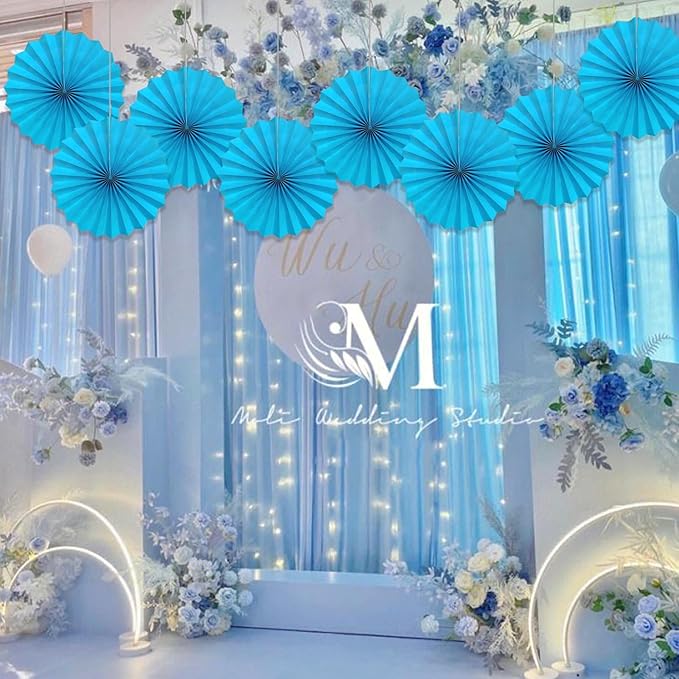 Blue Hanging Paper Fans, Party Decorations - Image 4