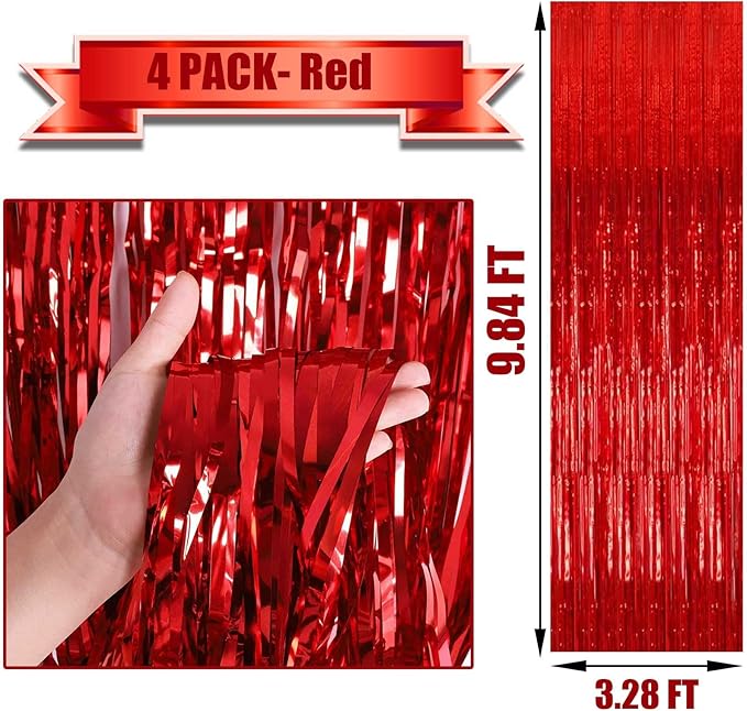 4 Pack Red Foil Fringe Curtain Backdrop, 3.28Ft x 9.84Ft Metallic Tinsel Foil - Image 2
