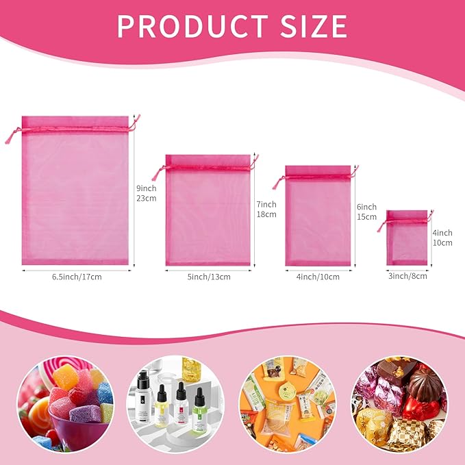 50 Pcs Hot Pink Organza Bags, 3x4 Inch Small Mesh Bags Drawstring Jewelry Pouch - Image 2