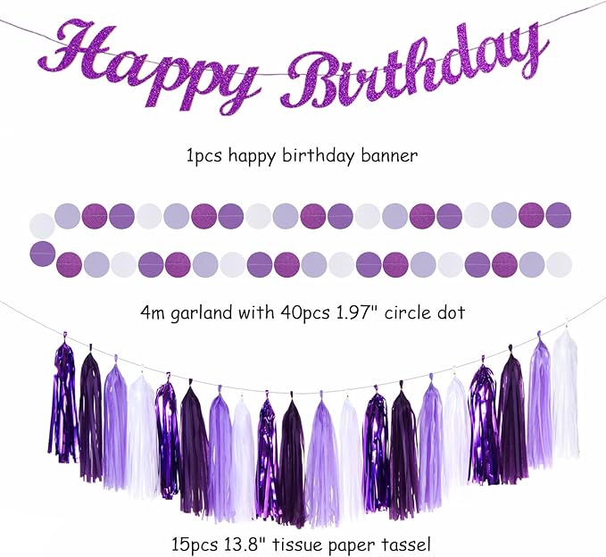 Purple-Lilac Lavender-White Happy Birthday Party-Decorations - Image 3