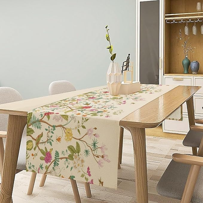 Floral Table Runner, Vintage Birds Wildflowers Herbs Nature Theme Linen Long - Image 6