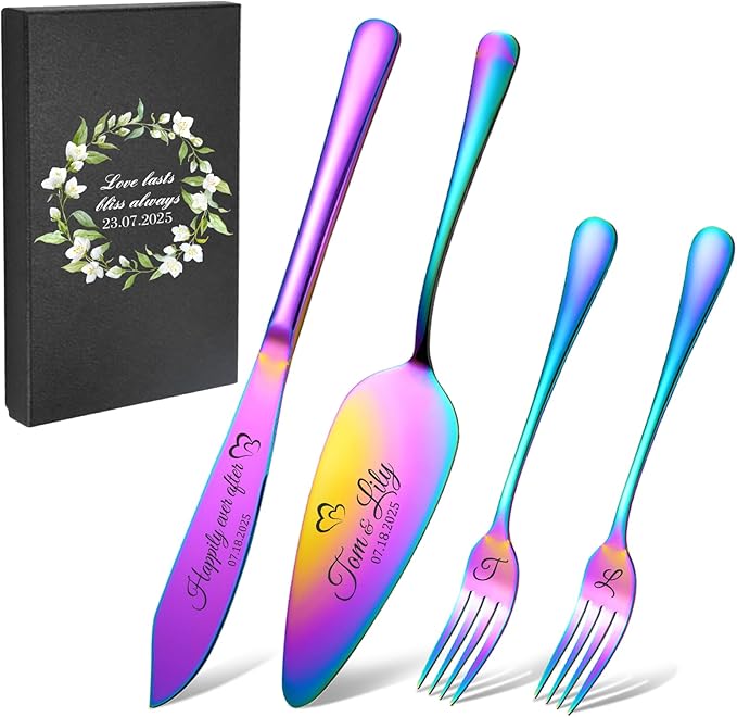 Personalized 4 Piece Wedding Cake Cutting Set, Custom Names Cake Knife and by Unknown