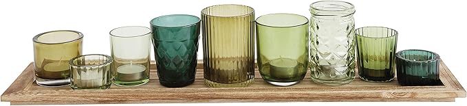 Creative Co-Op Wood Tray with 9 Green Glass Votive Holders - Image 6