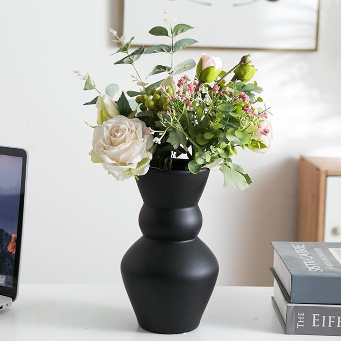 Black Ceramic Vase, Modern Matte Pampas Grass Vases, Boho Big Mouth Vase Home - Image 3