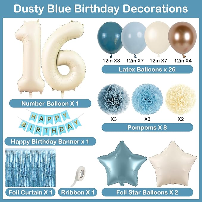 Dusty Blue 16th Birthday Party Decorations Boys Girls Beige Cream Number 16 - Image 4