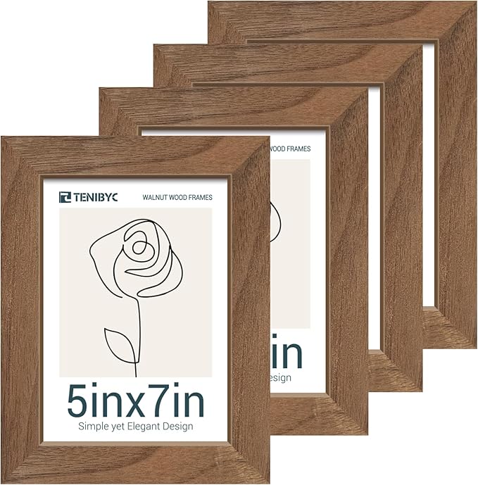 5x7 Picture Frame 4 Pack, Walnut Wood, HD Tempered Glass, by TENiBYC