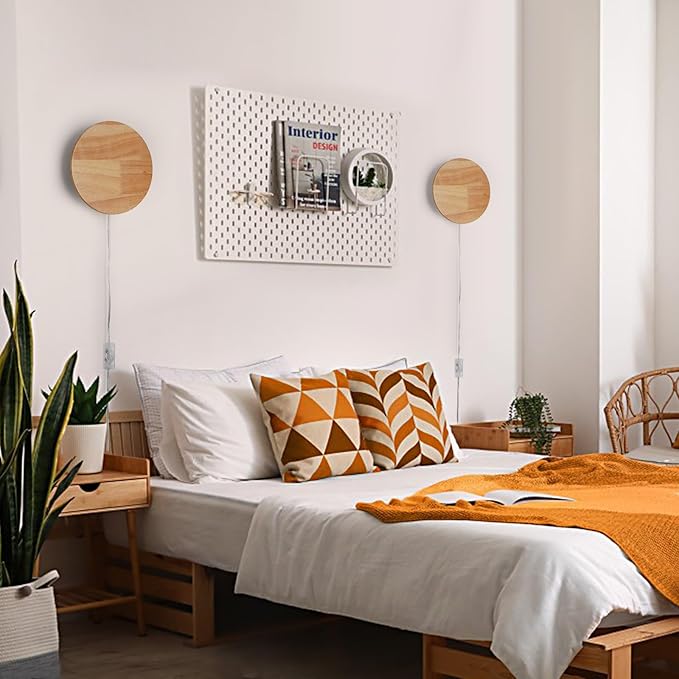 Modern Minimalist Plug in Wall Sconces, Plug-in Or Cordless 11.8'' Round Wood - Image 2