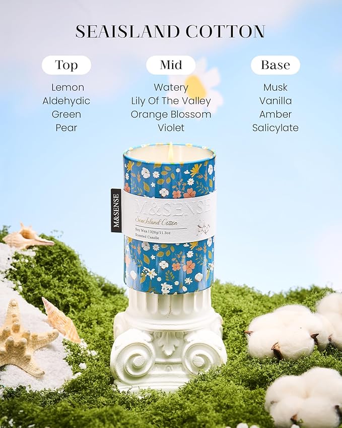 M&SENSE Sea Island Cotton Scented Candle, Medium Jar Candle 11.3oz Natural Soy - Image 2