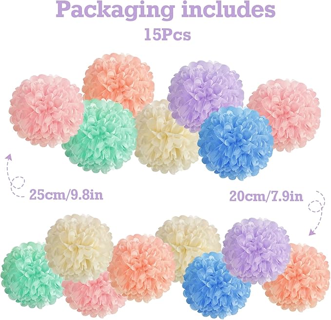 EASY JOY 15PCS Pastel Paper Tissue Pom Poms Decoration Macaron Rainbow Candy - Image 2