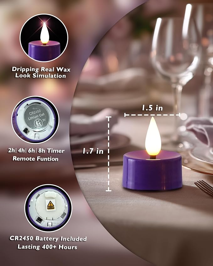 Amagic Flameless Purple Timer Remote Tealights Candles, 3D Black Wick - Image 2