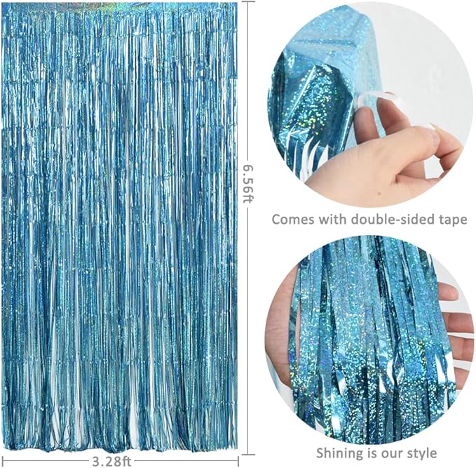TONIFUL 3Pcs Laser Light Blue Door Streamers, Laser Blue Photo Booth Backdrop - Image 2