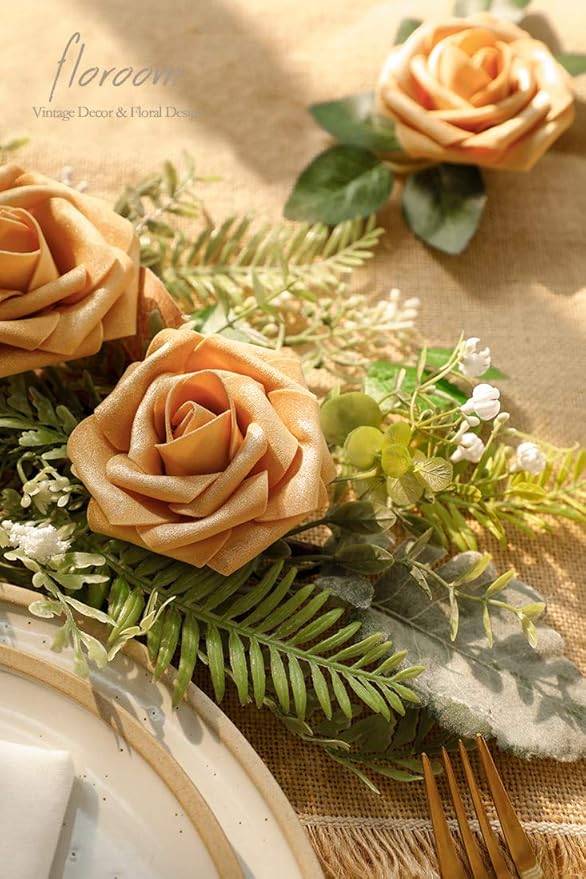 Floroom Artificial Flowers 25pcs Real Looking Gold Foam Fake Roses - Image 3