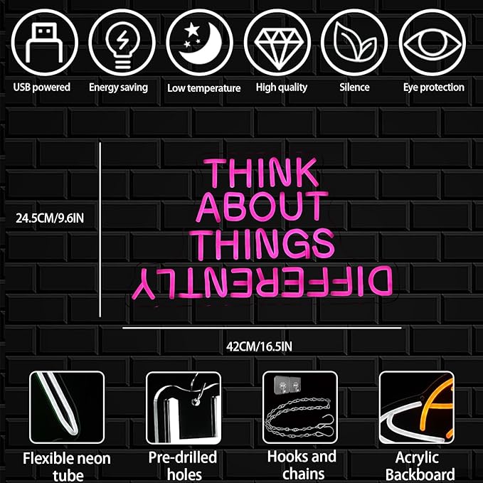 Think About Things Differently Neon Sign, Dimmable Office Neon Light, Study Room - Image 2