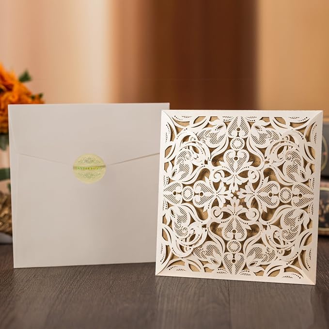 Hosmsua 50PCS Ivory Laser Cut Wedding Invitation Cards - Image 3
