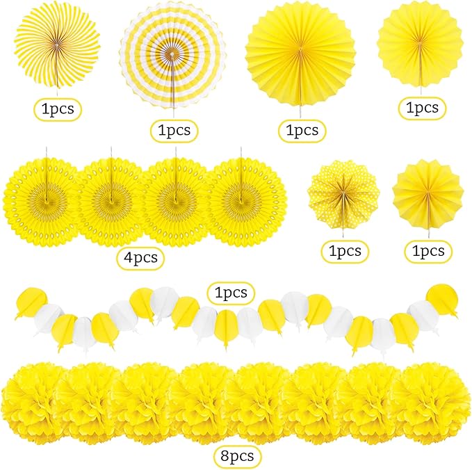 Yellow Party Decorations, Papar Fans Pompoms Fans Garlands - Image 2