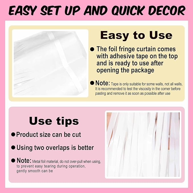 6 Pack Macaron White Foil Fringe Curtains Backdrop, 3.28 x 8.2 Ft Metallic - Image 3