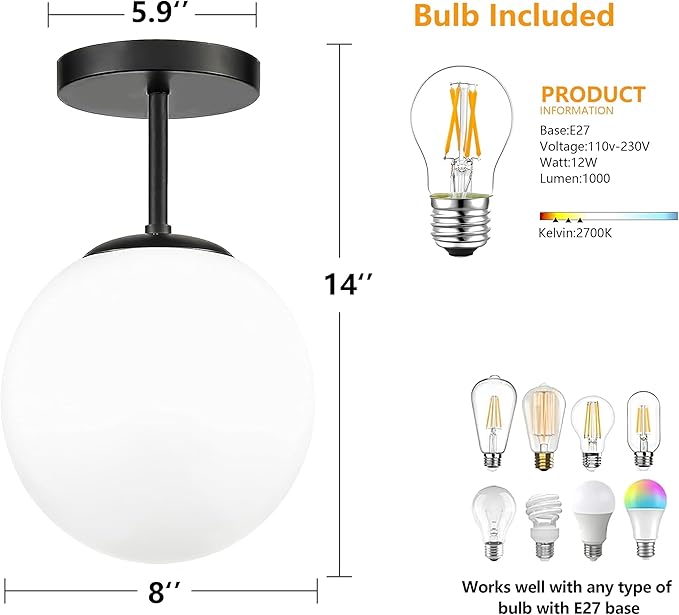 8" Black Semi Flush Mount Ceiling Light Fixture Milk Glass Globe Ceiling Light - Image 4