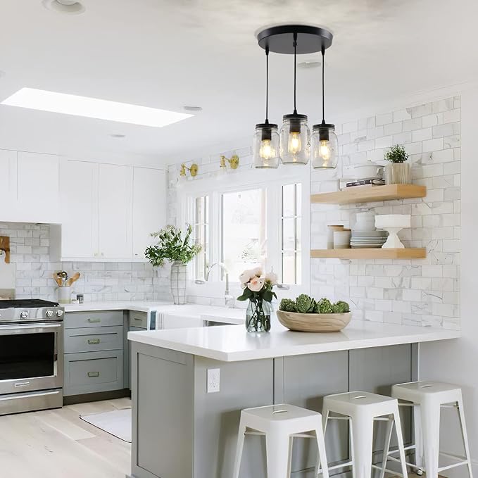 Mason Jar Light Fixtures, 3 Lights Farmhouse Mason Jar Pendant Light, Glass Jar - Image 3