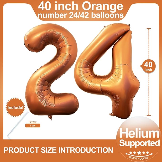 Number 24 Orange Balloons 40 Inch Giant Orange 24 or 42 Number Foil Helium - Image 2