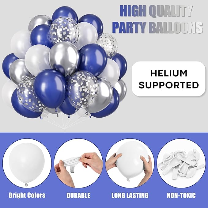 Navy Blue and Silver Balloons 60PCS, 12 Inch Navy Blue Metallic Silver and - Image 6