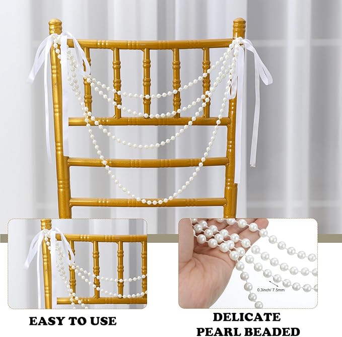 Wedding Pearl Bow Chair Decor Satin Ribbon Bows - Image 2