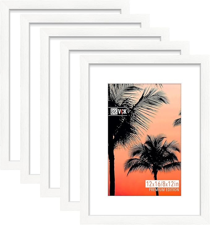 VCK 12x16 White Picture Frame set of 5, Textured Exclusive Wooden Photo Frames by VCK