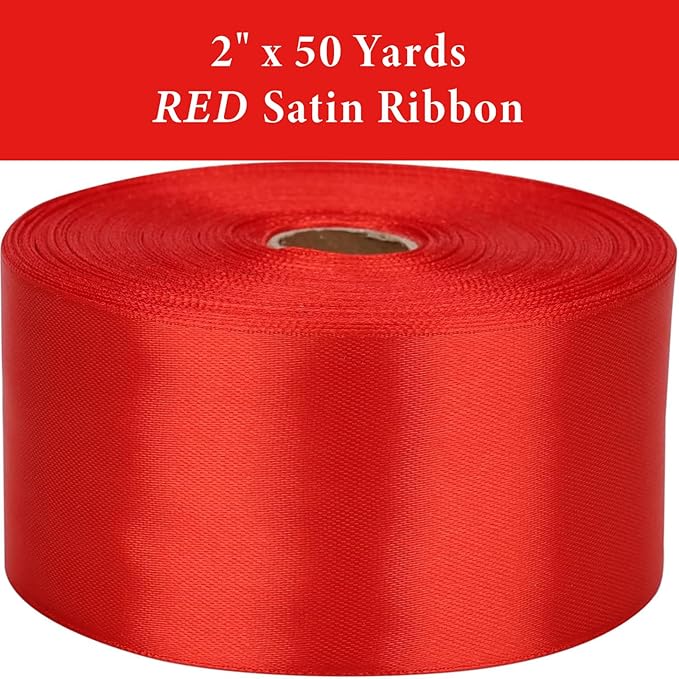 2 Inch Red Satin Ribbon 50 Yards Solid Fabric Ribbons - Image 2