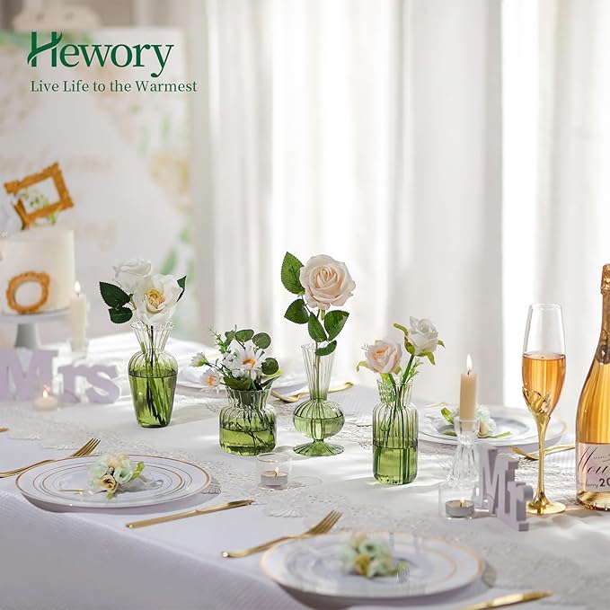 Hewory Small Ribbed Glass Bud Vases Set of 8 Green Flower Vase Centerpieces - Image 2