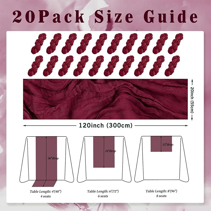 Burgundy 20 Pack Cheesecloth Table Runner 10FT Rustic Gauze Cheese Cloth Table - Image 2