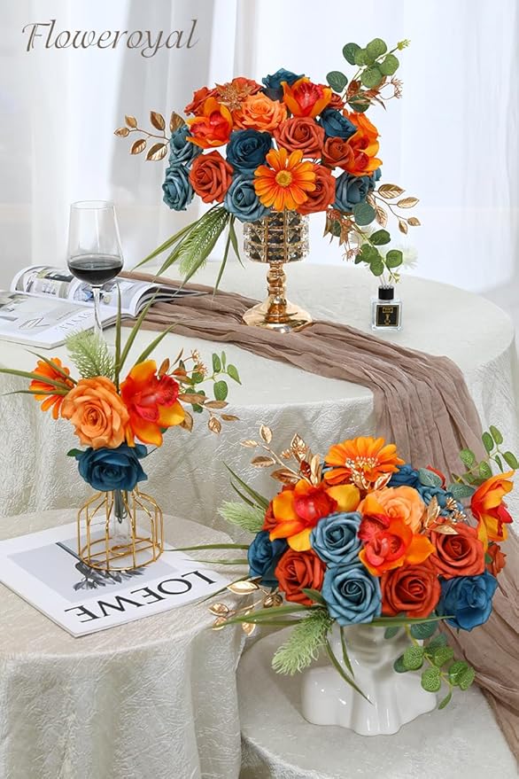 Floweroyal Artificial Flowers Combo Orange Flowers Mix Silk Flowers Fake Roses - Image 4