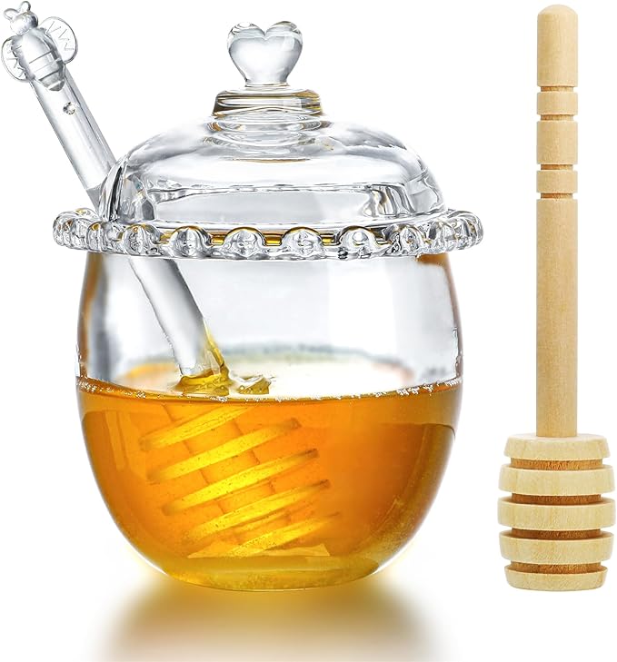 Kanpura Glass Honey Jar with Dipper and Lid, 6oz Crystal Honey Dispenser by Kanpura