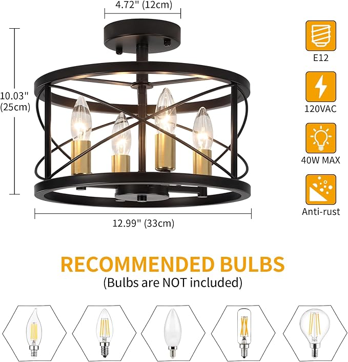 Black and Brushed Gold Semi Flush Mount Ceiling Light, Farmhouse Modern Light - Image 5