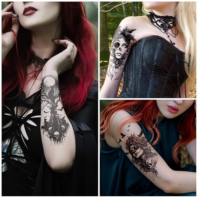 77 Sheets Witch Temporary Tattoos Women Men Adults, Skeleton Death Skull - Image 5