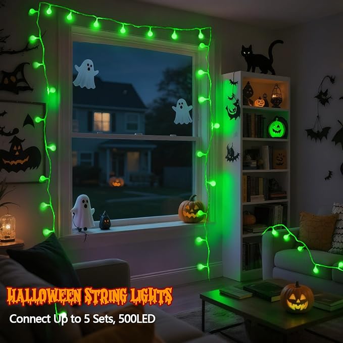 Connectable Green Halloween Lights Outdoor Indoor - 43FT 100LED Globe String - Image 6