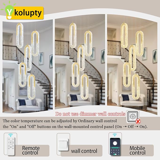 5 Rings Crystal Chandeliers for Staircase Large Pendants Light Fixture Gold - Image 4