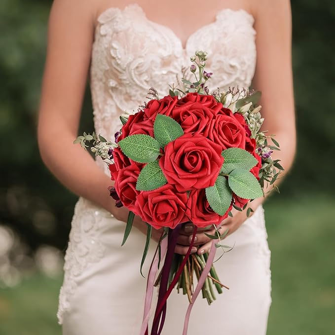 AmyHomie Artificial Flowers Red Rose 50pcs Real Looking Fake Roses w/Stem - Image 3