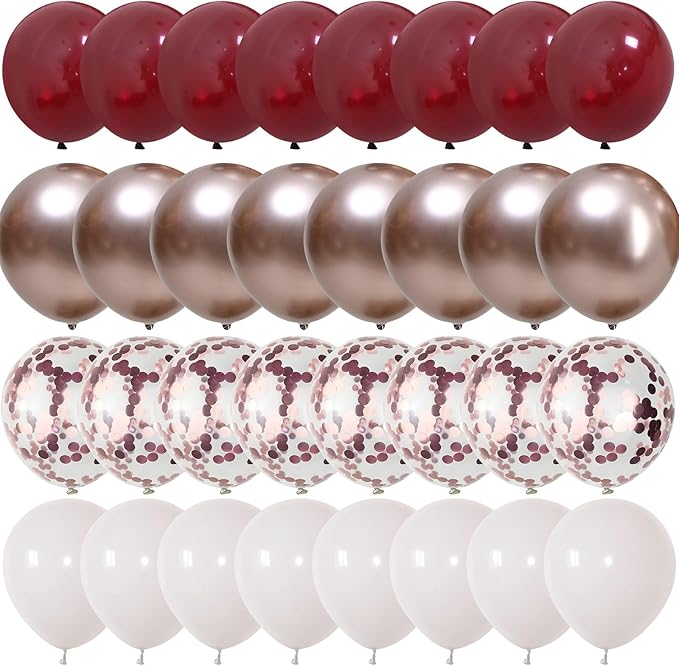 Burgundy Red Balloons, Wine Red and Rose Gold Confetti Balloon by Govpy