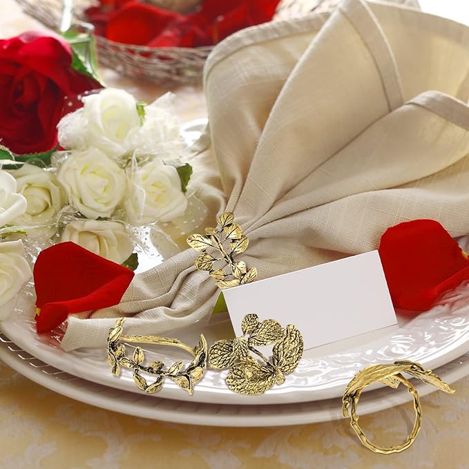 Cunhill 8 Pieces Herb Napkin Rings Set Vintage Leaf Napkin Holders Rings Glossy - Image 5
