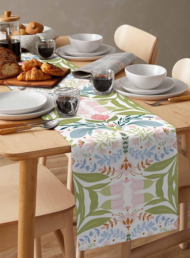 Green Blue Pink Boho Floral Cotton Linen Table Runner - Image 3
