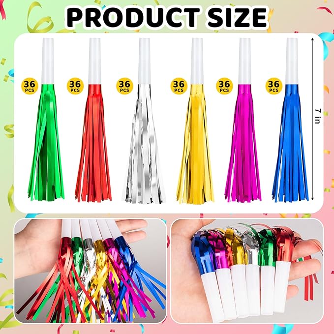 36 Pcs Noise Makers Birthday Blowers Glitter Metallic Fringed Party Blow Horns - Image 5